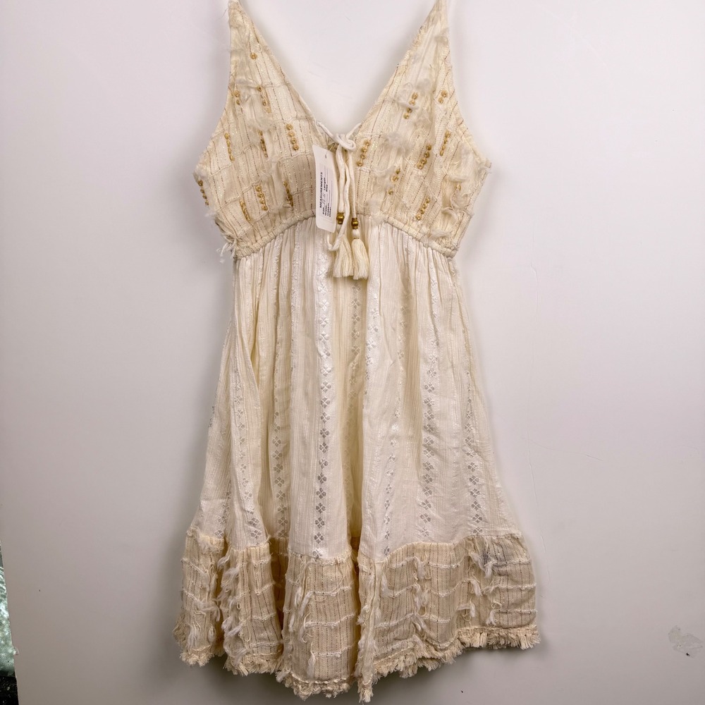 Pol Ivory Boho Fairy Fringe Metallic Mini Dress Low Cut Cream Gold Beads Small